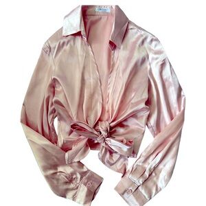 Women Long Sleeve Tie Front Deep V-Neck Wrap Blouse
